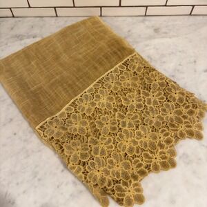 Sheer Lace Trim Scarf Shawl Wrap Gold Tan Lightweight 65% Cotton 35% Viscose